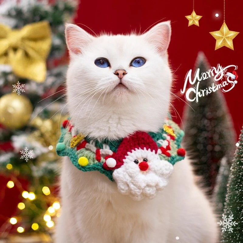 Christmas Cat Scarf Hand-knitted Cartoon Cat Necklace Adjustable Santa Claus Reindeer Puppy Collar Delicate Pet Accessories