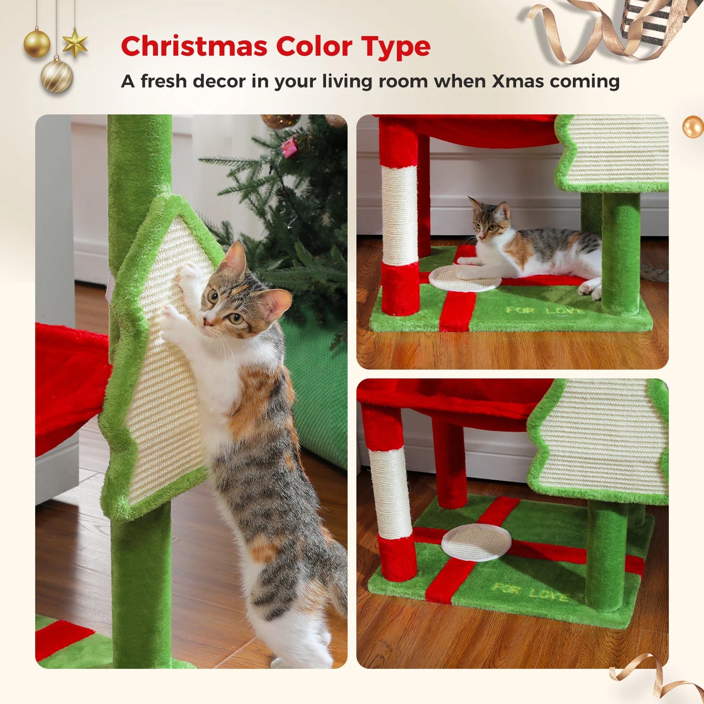 Christmas cat tree with condo and hammock