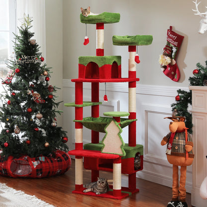 Christmas cat tree with condo and hammock