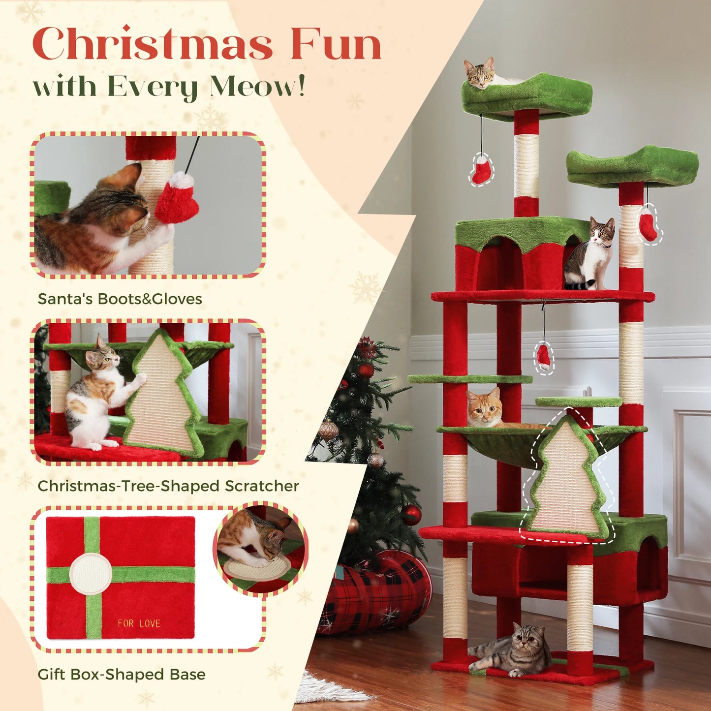 Christmas cat tree with condo and hammock