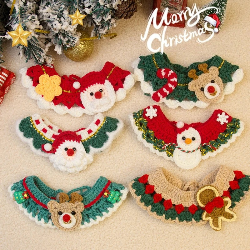 Christmas Cat Scarf Hand-knitted Cartoon Cat Necklace Adjustable Santa Claus Reindeer Puppy Collar Delicate Pet Accessories