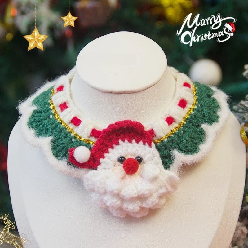 Christmas Cat Scarf Hand-knitted Cartoon Cat Necklace Adjustable Santa Claus Reindeer Puppy Collar Delicate Pet Accessories