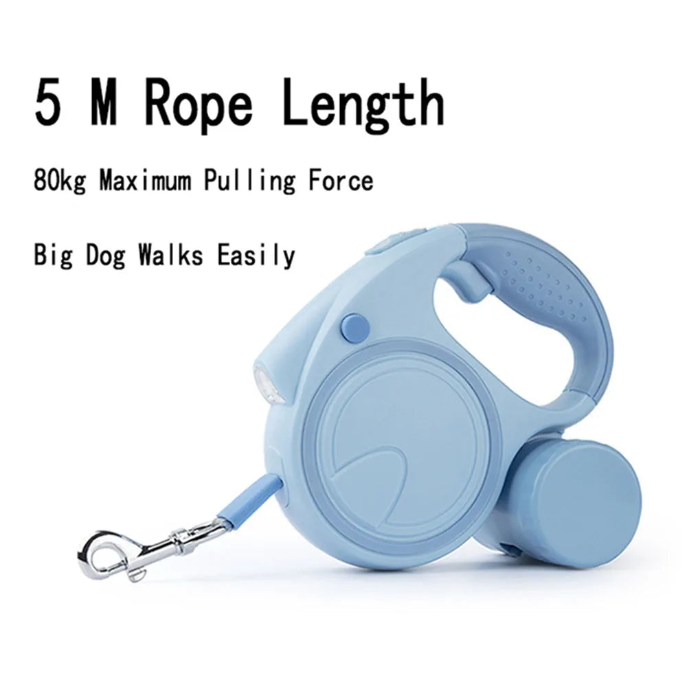 Retractable Dog Leash with LED Light & Waste Bag Dispenser — 5M Nylon