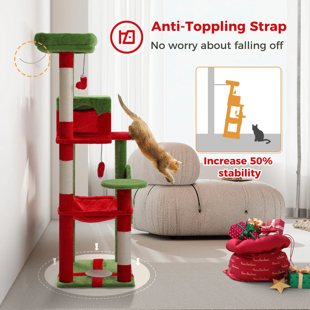 Christmas Cat Tree with Sisal Scratching Posts Spacious Condo Hammock Tall Large Cat Tower for Indoor Cat House Bed Cat Toys