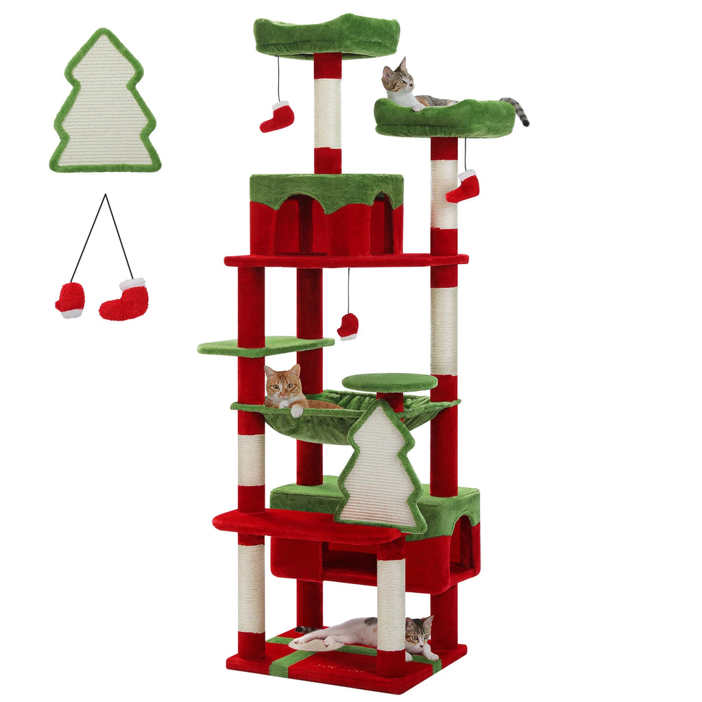 Christmas Cat Tree with Sisal Scratching Posts Spacious Condo Hammock Tall Large Cat Tower for Indoor Cat House Bed Cat Toys