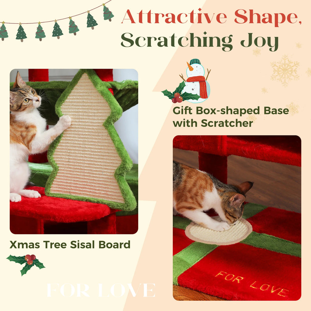 Christmas Cat Tree with Sisal Scratching Posts Spacious Condo Hammock Tall Large Cat Tower for Indoor Cat House Bed Cat Toys