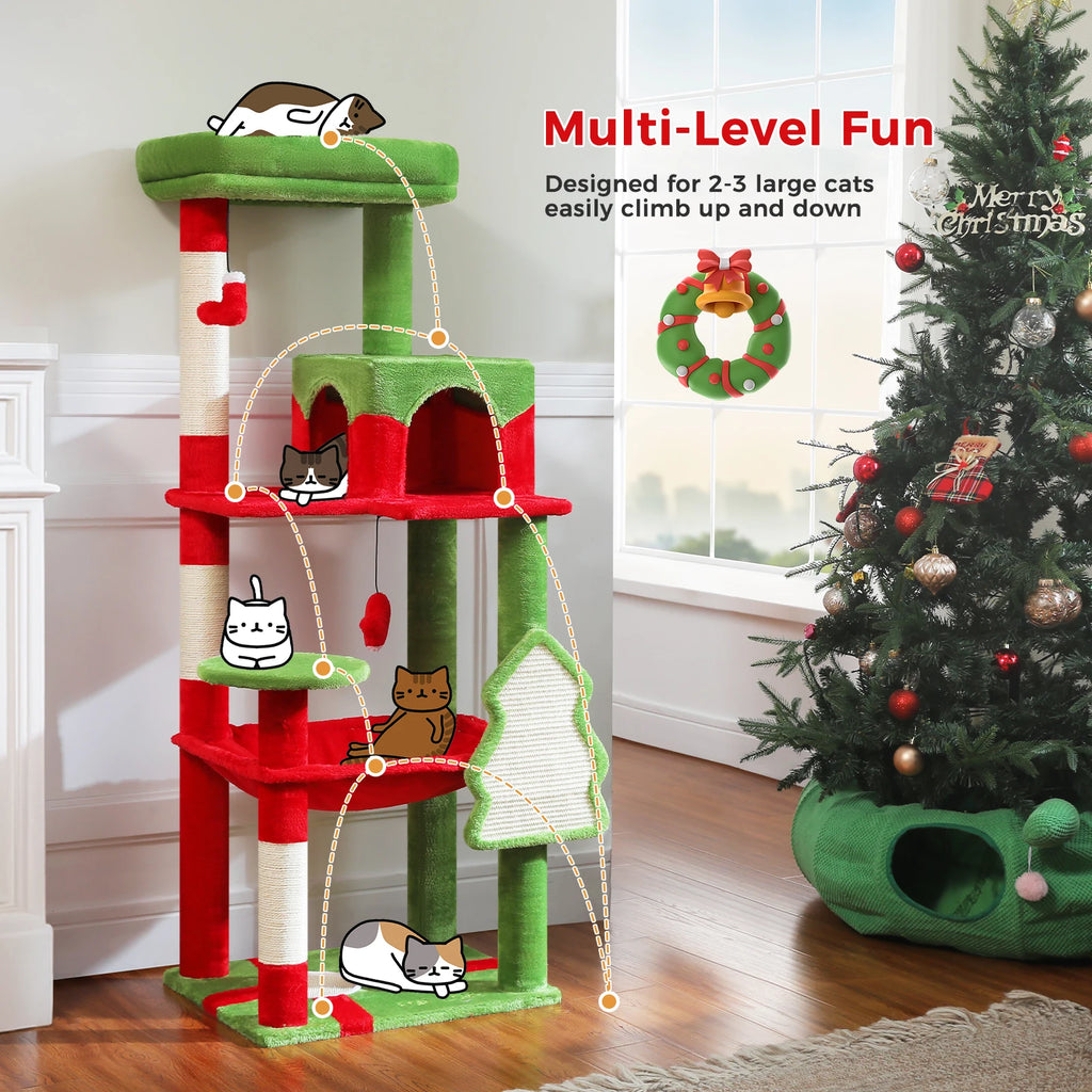Christmas Cat Tree with Sisal Scratching Posts Spacious Condo Hammock Tall Large Cat Tower for Indoor Cat House Bed Cat Toys