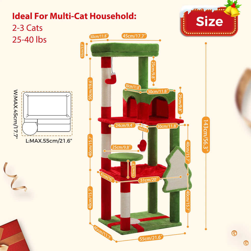 Christmas Cat Tree with Sisal Scratching Posts Spacious Condo Hammock Tall Large Cat Tower for Indoor Cat House Bed Cat Toys