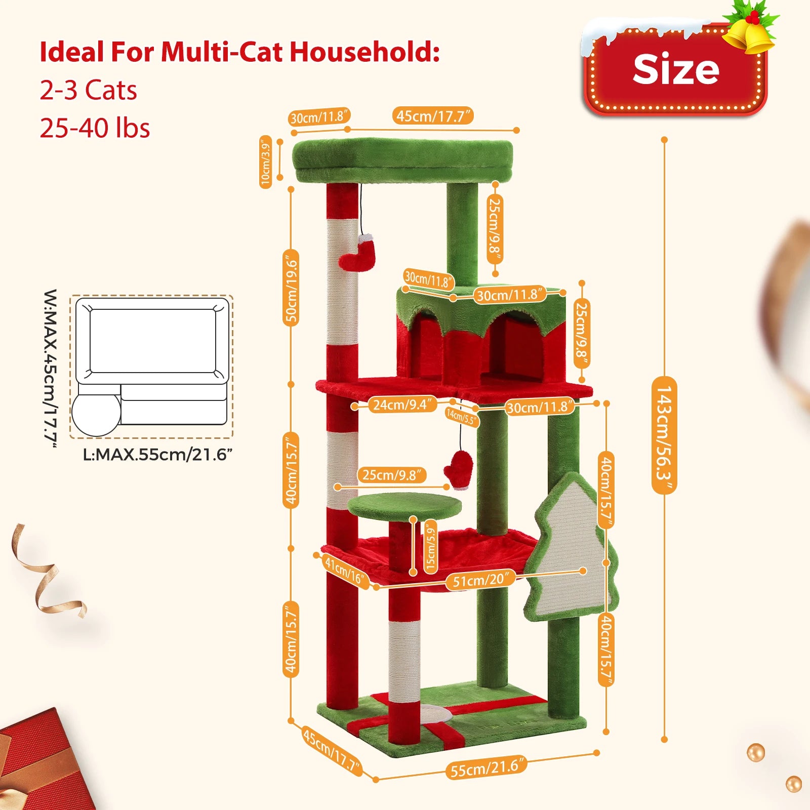 Christmas Cat Tree with Sisal Scratching Posts Spacious Condo Hammock Tall Large Cat Tower for Indoor Cat House Bed Cat Toys