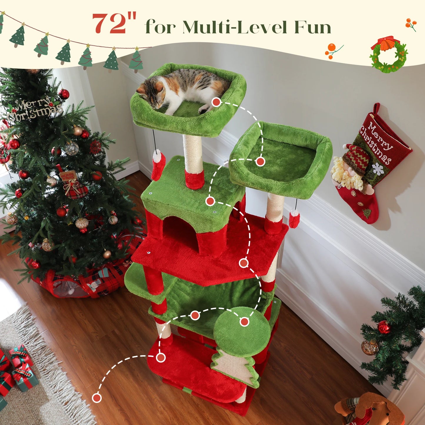 Christmas cat tree with condo and hammock