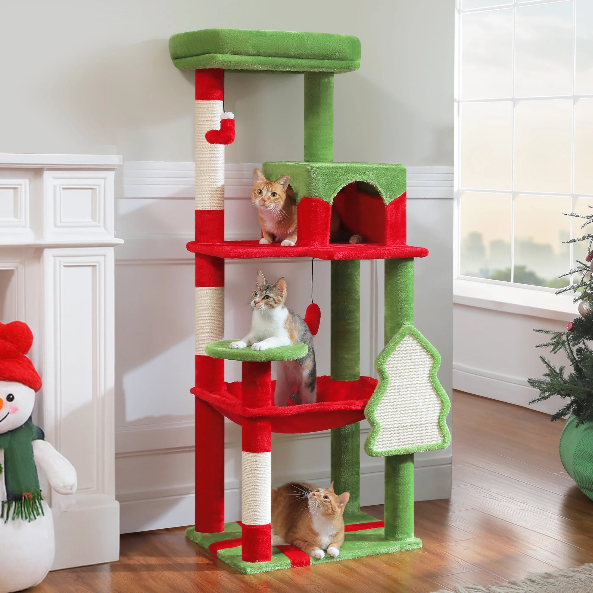 Christmas Cat Tree with Sisal Scratching Posts Spacious Condo Hammock Tall Large Cat Tower for Indoor Cat House Bed Cat Toys